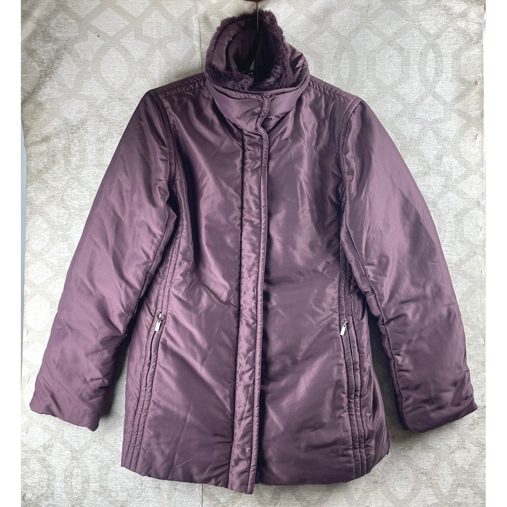 Ellen Tracy Puffer Jacket Womens XS Purple Down Thermore Fur Trim Coat Winter